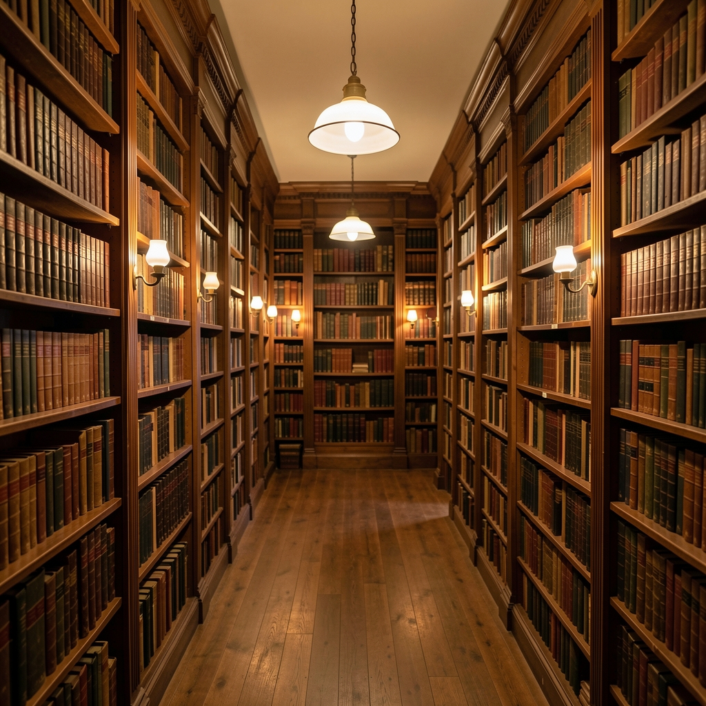 Vintage library interior with rows of aged leather-bound books under warm incandescent lighting, conveying depth of scholarship and historical knowledge